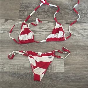 Red and White Striped Triangle Bikini